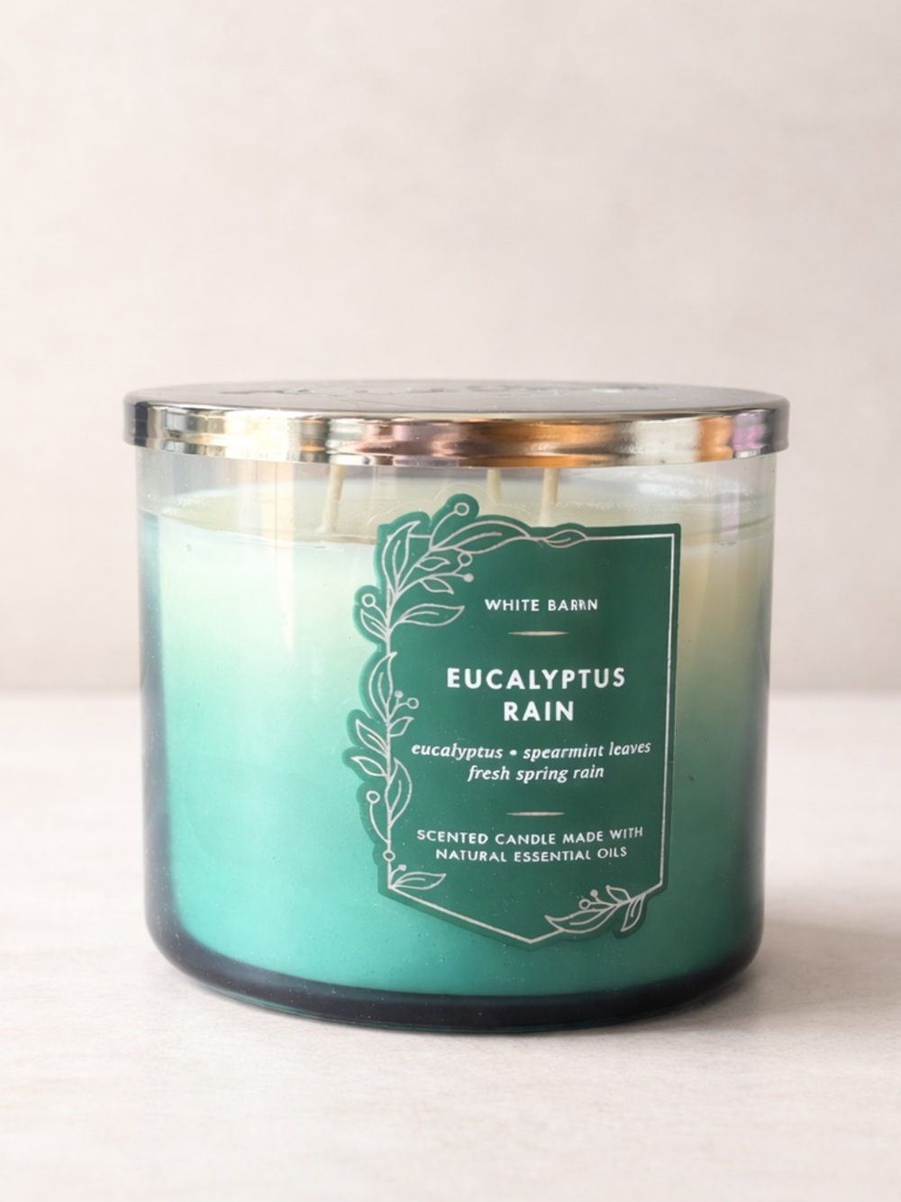White Barn Eucalyptus Rain 3-Wick Candle - Teal and White